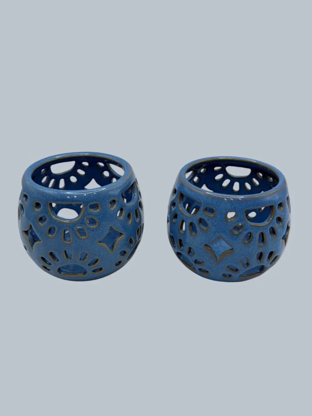 Pair Blue Pierced Ceramic Tea Light Candle Holders Lantern Votive Decor